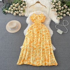 Summer beach resort style yellow floral dress