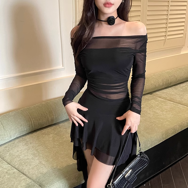 Black off the shoulder see-through dress