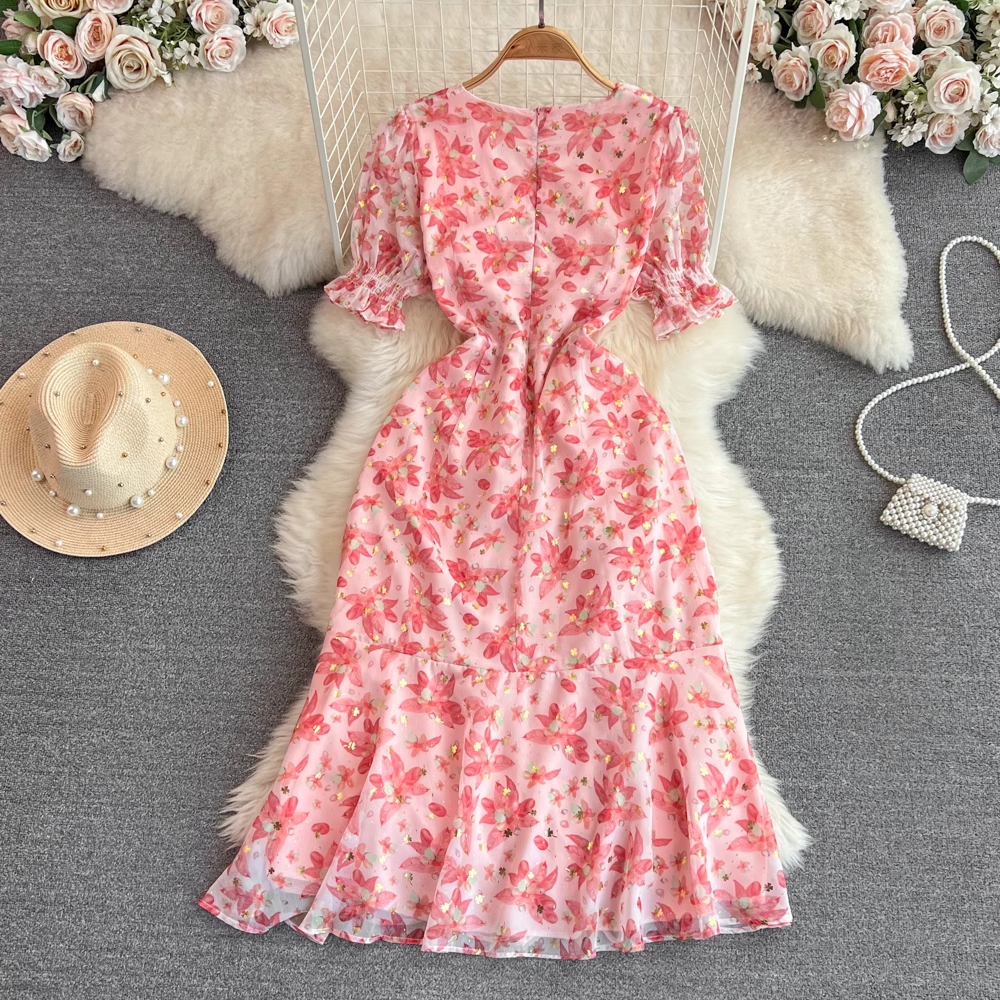 Retro V-neck drawstring print dress
