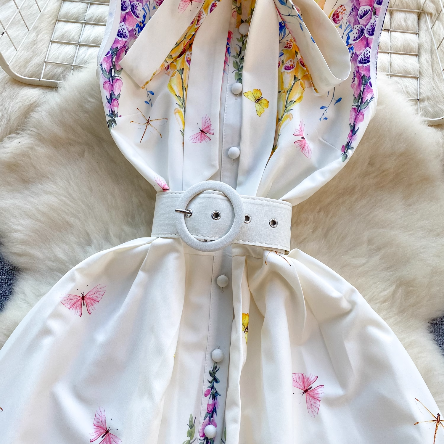 Printed holiday dress sweet bow collar sleeveless dress