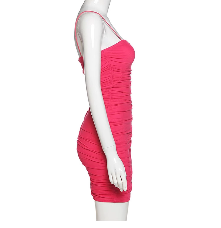 Pleated tight stretch mesh suspender dress