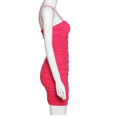 Pleated tight stretch mesh suspender dress
