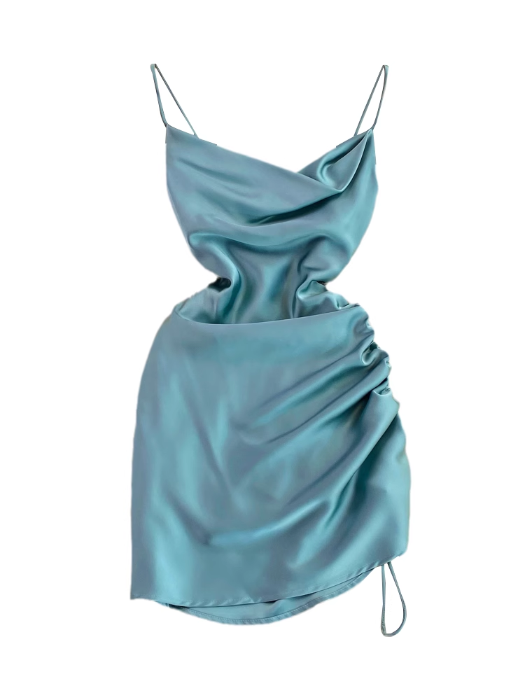 V-neck pleated suspender skirt irregular a-line dress