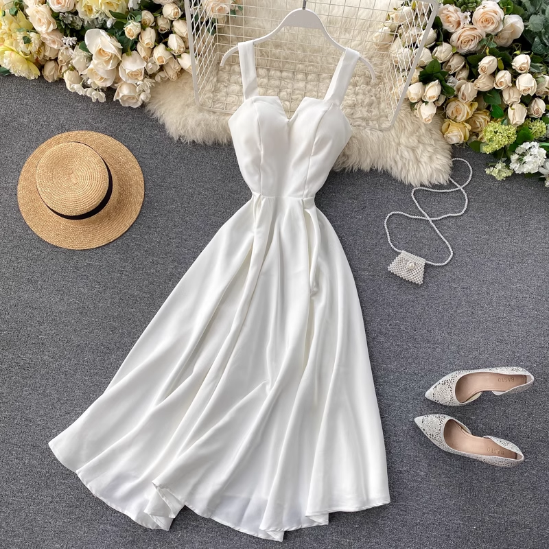 V-neck backless retro solid color summer dress casual