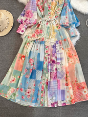 Langärmliges Kleid mit Stehkragen und A-Linien-Print im Retro-Stil im Laternen-Stil