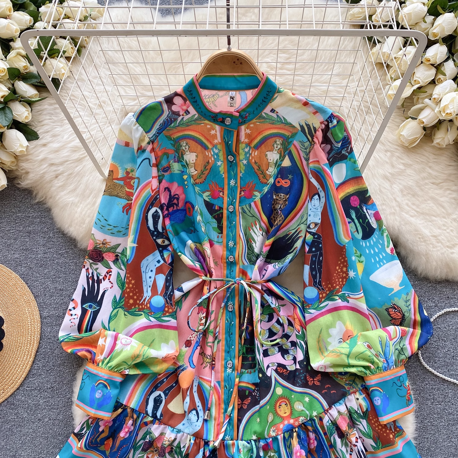 Printed skirt Women's stand collar lantern sleeve dress