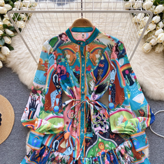 Printed skirt Women's stand collar lantern sleeve dress