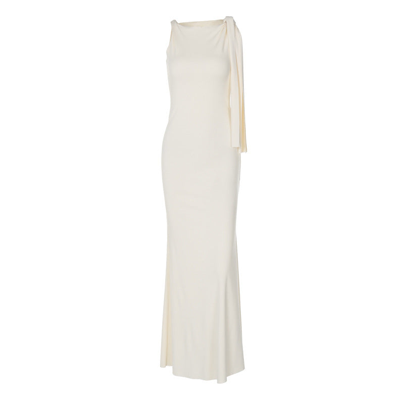 One Shoulder Ribbon Solid Color Dress