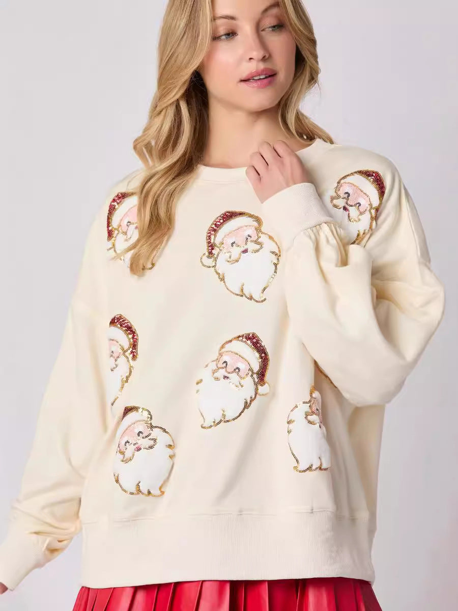 Weihnachtlicher Pullover mit Weihnachtsmann-Motiv und Paillettenärmeln aus Samt