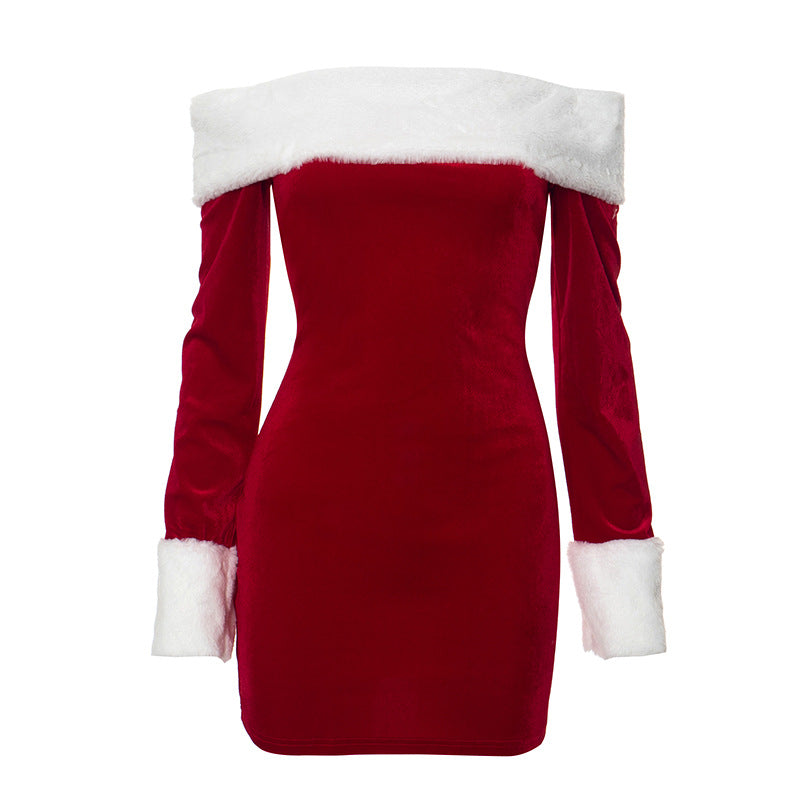 Weihnachts-Minikleid mit schulterfreiem Schnitt und langen Ärmeln