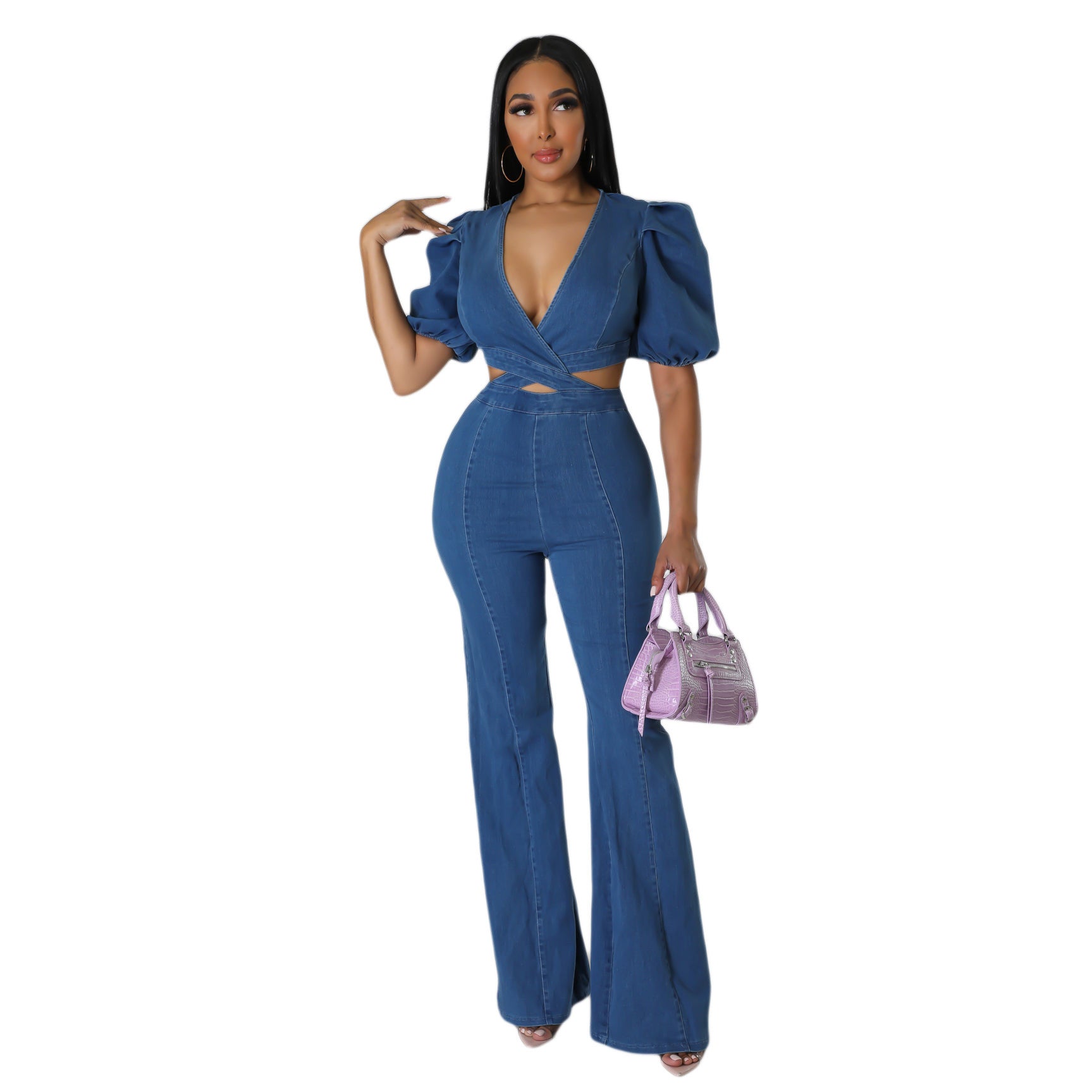 Lantern Sleeve Denim Jumpsuit