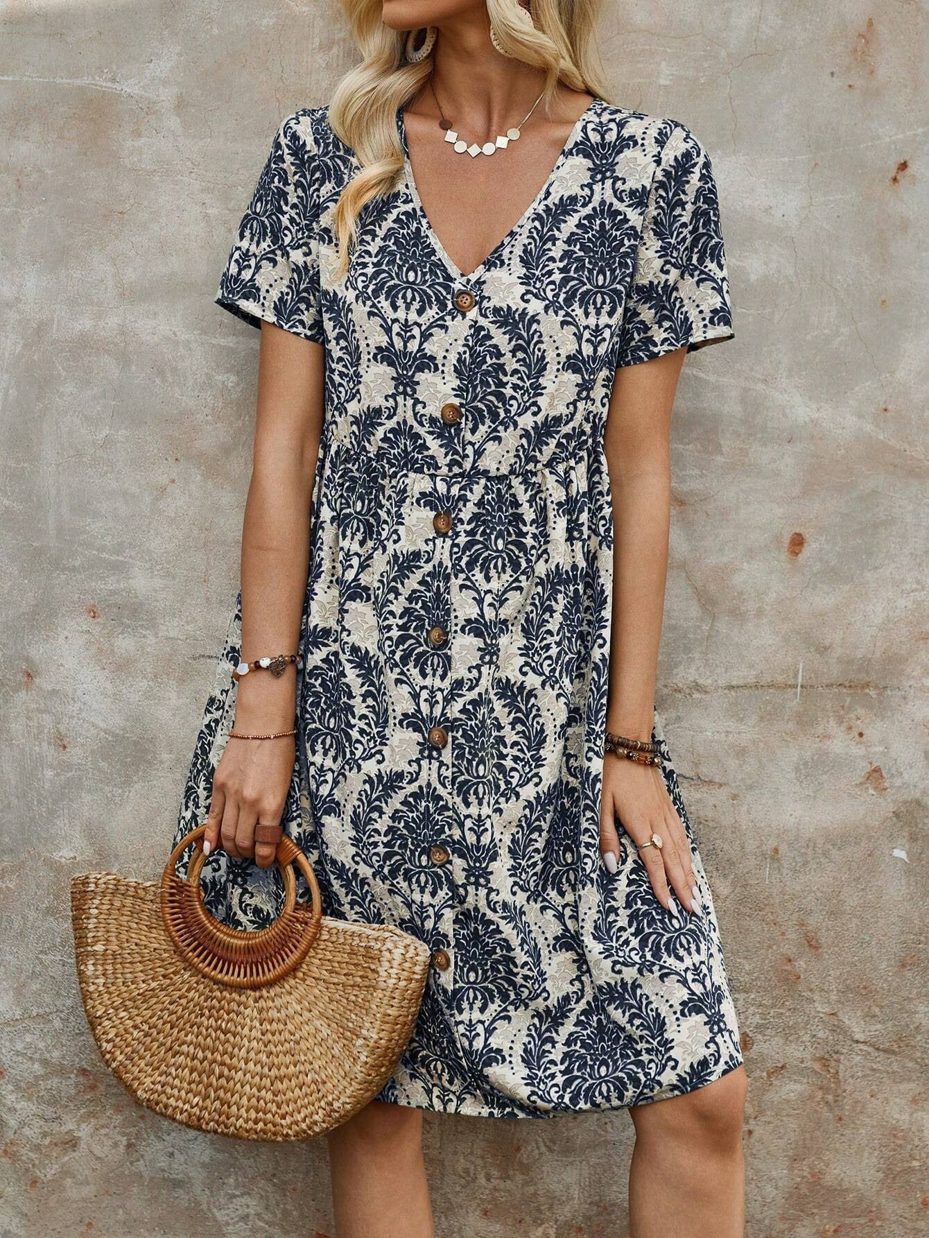 Printed V-neck Short-Sleeved Loose Midi Dress