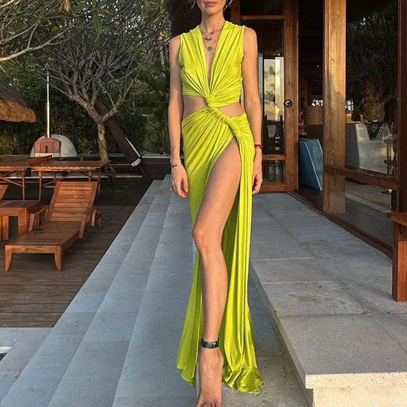 Hollow Knot Slit Sleeveless Pleated Irregular Midi Dress