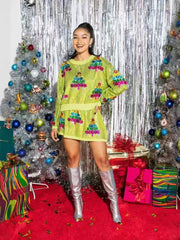 Christmas Sequins Trees Two Piece Skirt Set