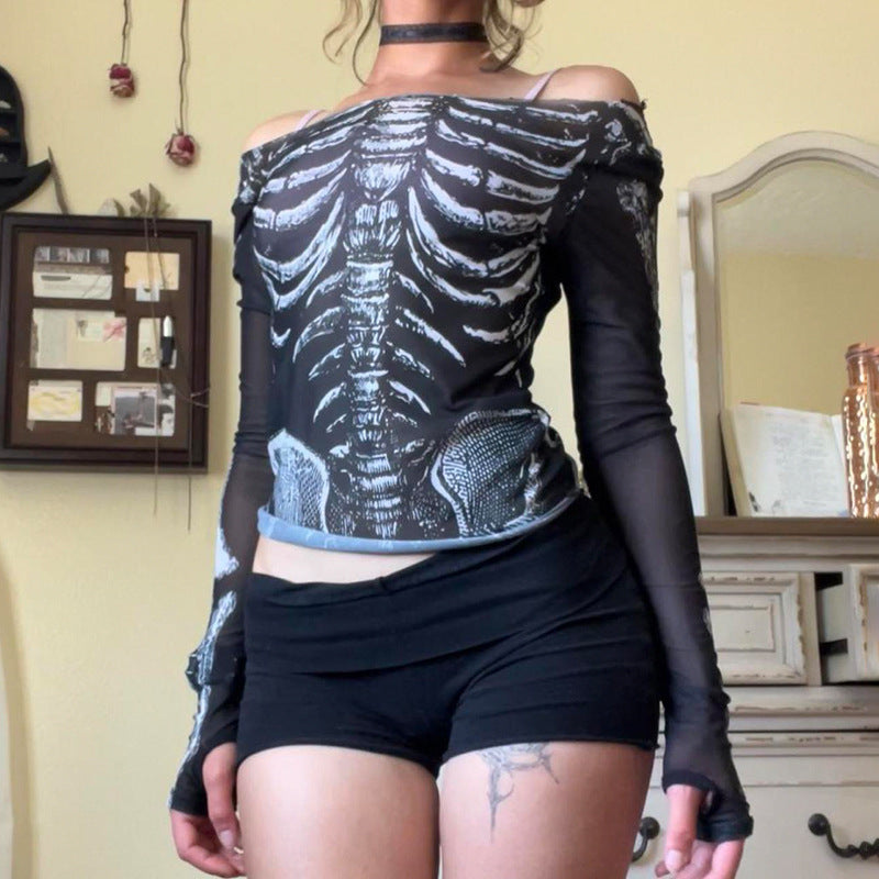 Halloween Bone Print Off Shoulder Perspective Tops