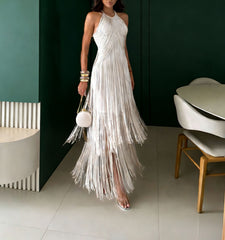 Knit Patchwork Halter Cutout Fringed Hem Maxi Dresses - Beige