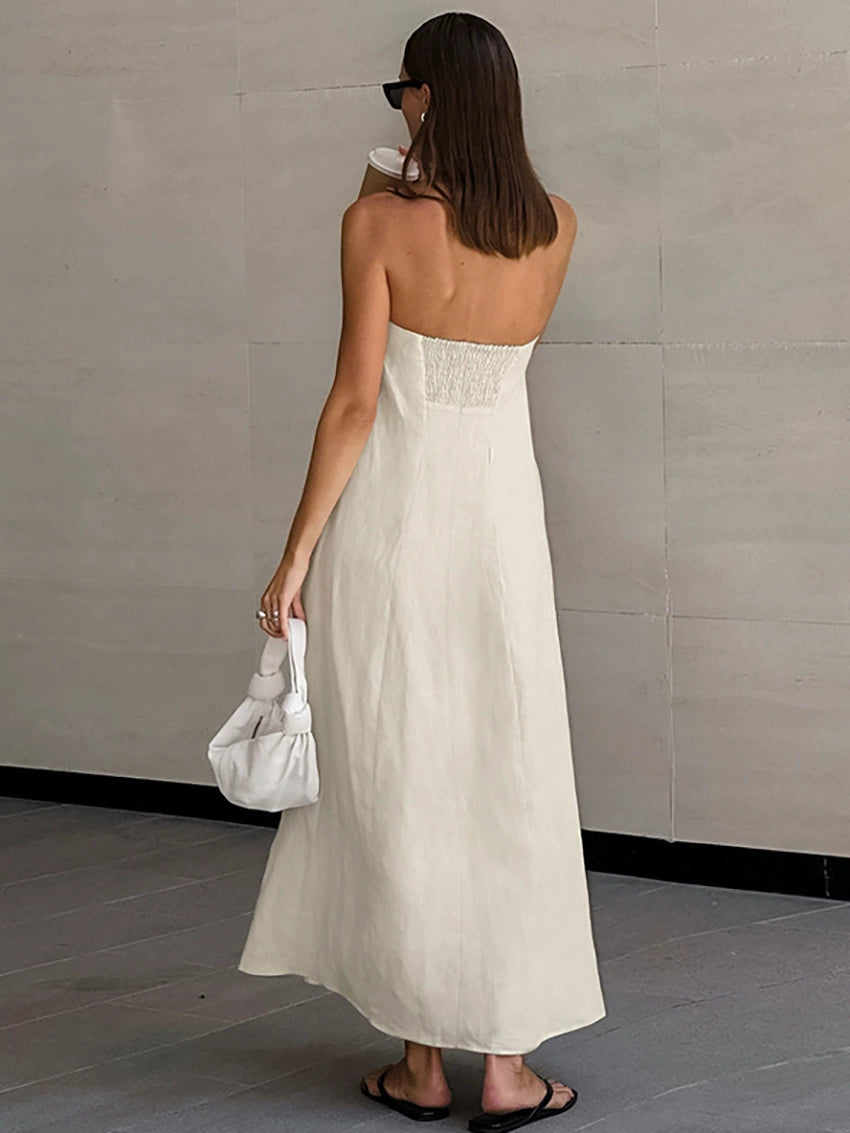 with Pocket Summer Strapless High Waist Casual Solid Dresses