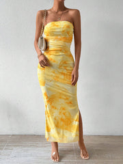 Mesh Print Dress Slit Tulle Hip Skirt