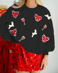 Christmas Bow Wine Glass Sequin Loose Long Sleeve Sweatshirt