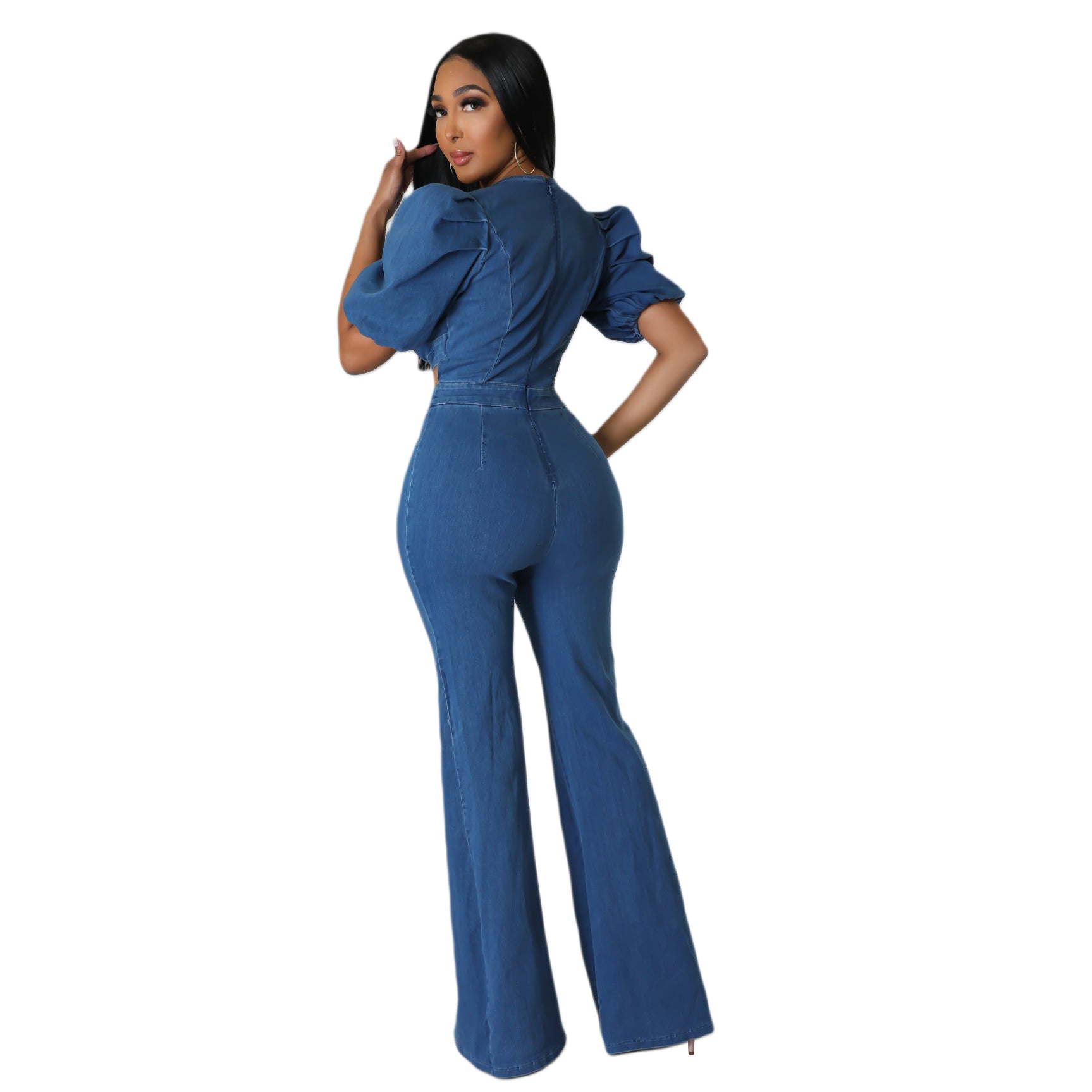 Lantern Sleeve Denim Jumpsuit