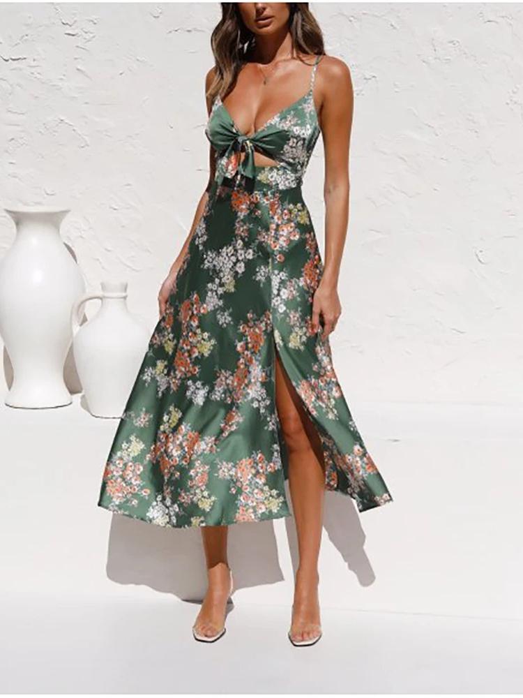 Beach Halter Dress With Printed Bow