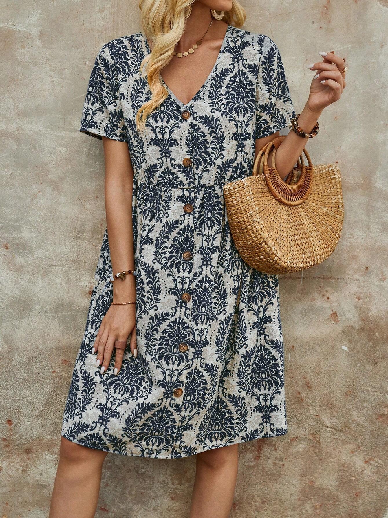 Printed V-neck Short-Sleeved Loose Midi Dress