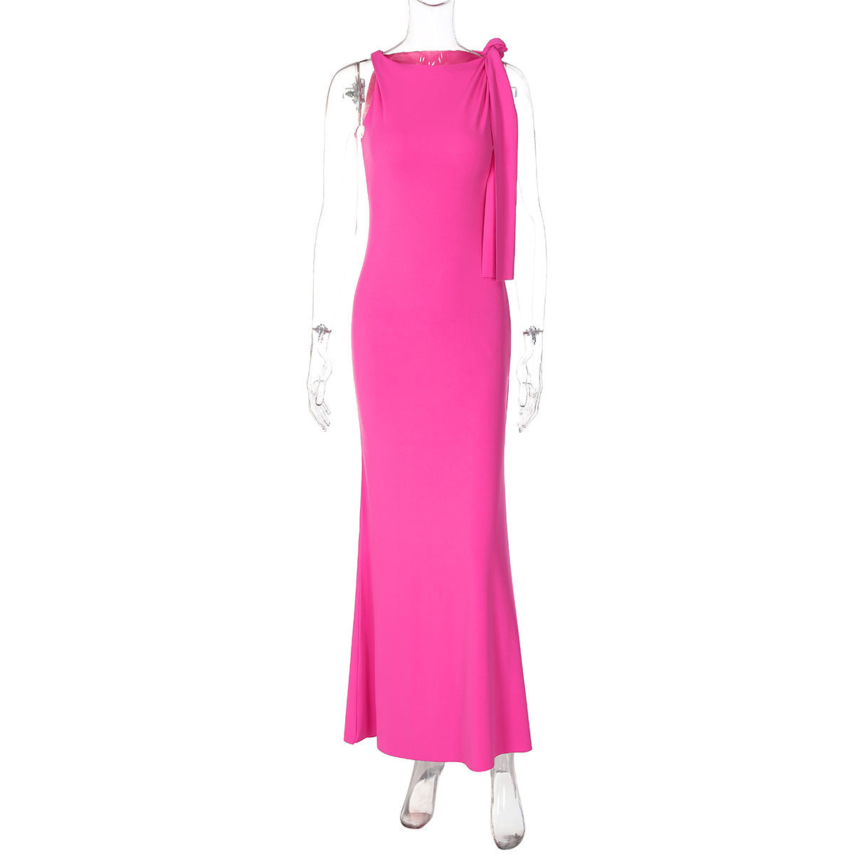 One Shoulder Ribbon Solid Color Dress