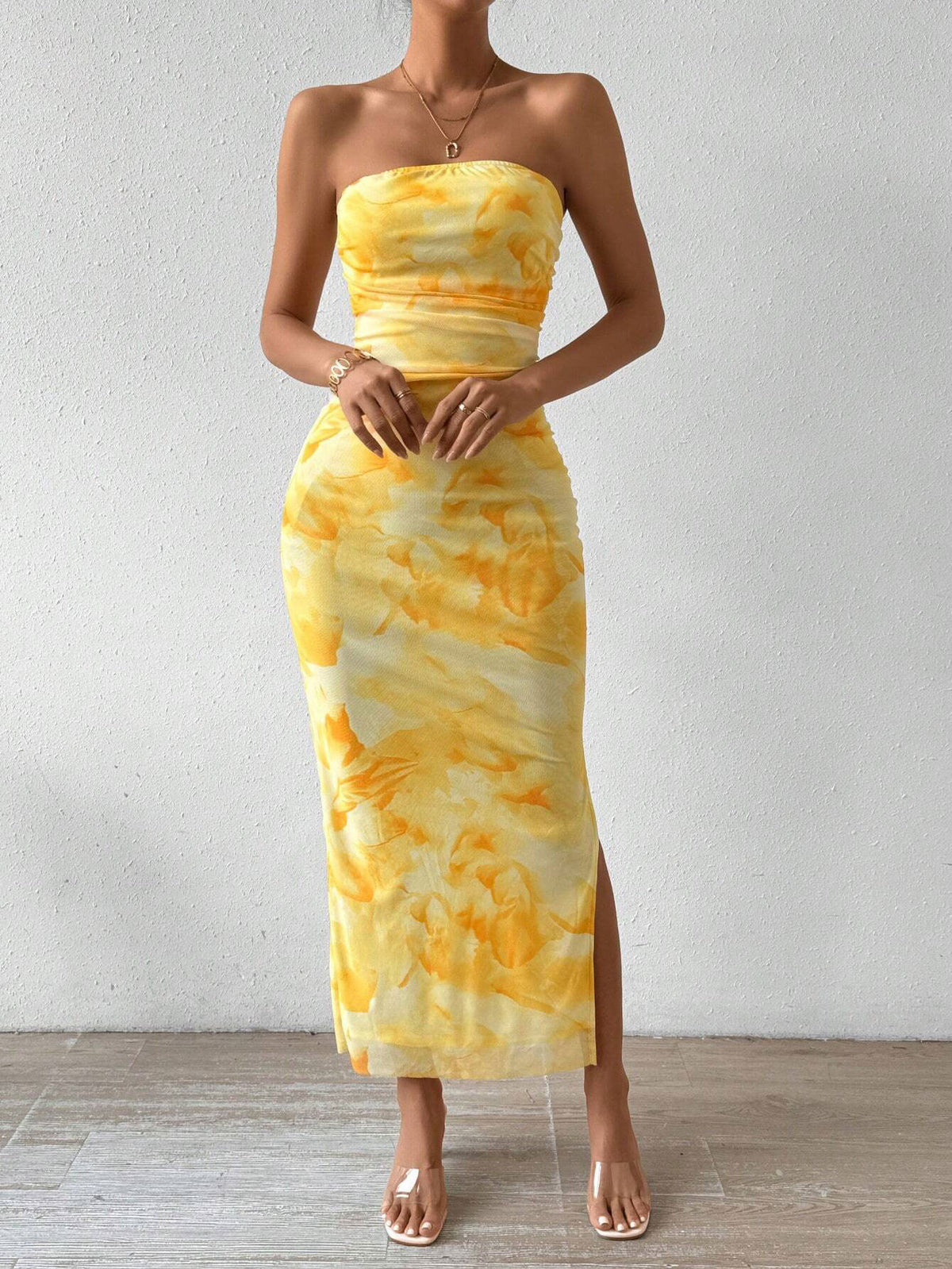Mesh Print Dress Slit Tulle Hip Skirt