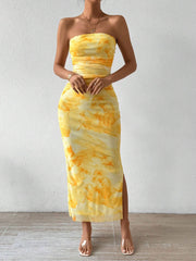 Mesh Print Dress Slit Tulle Hip Skirt