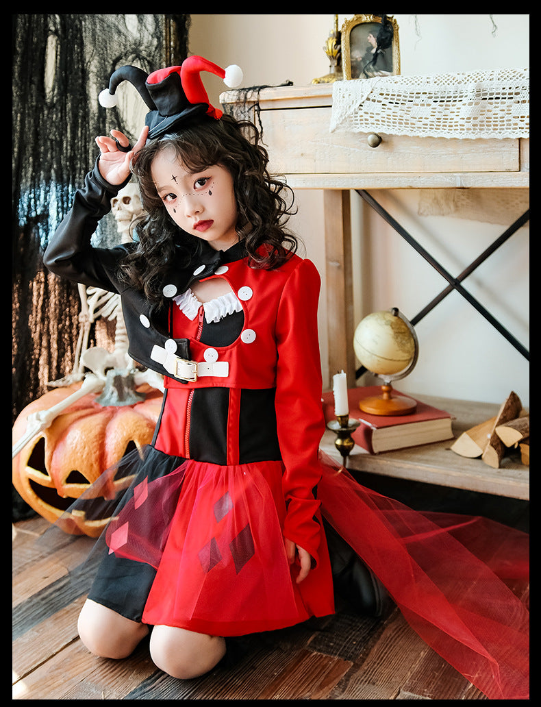 Kids Girls Clown Witch Set Coat skirt Hat socks Halloween Dance Cosplay Dresses