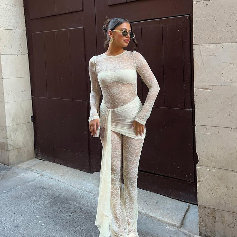 Lace Panel Sheer Long Sleeve Jumpsuit