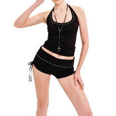 Studded Halter Neck Sleeveless Top Shorts Matching Set - Black