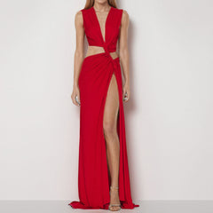 Hollow Knot Slit Sleeveless Pleated Irregular Midi Dress