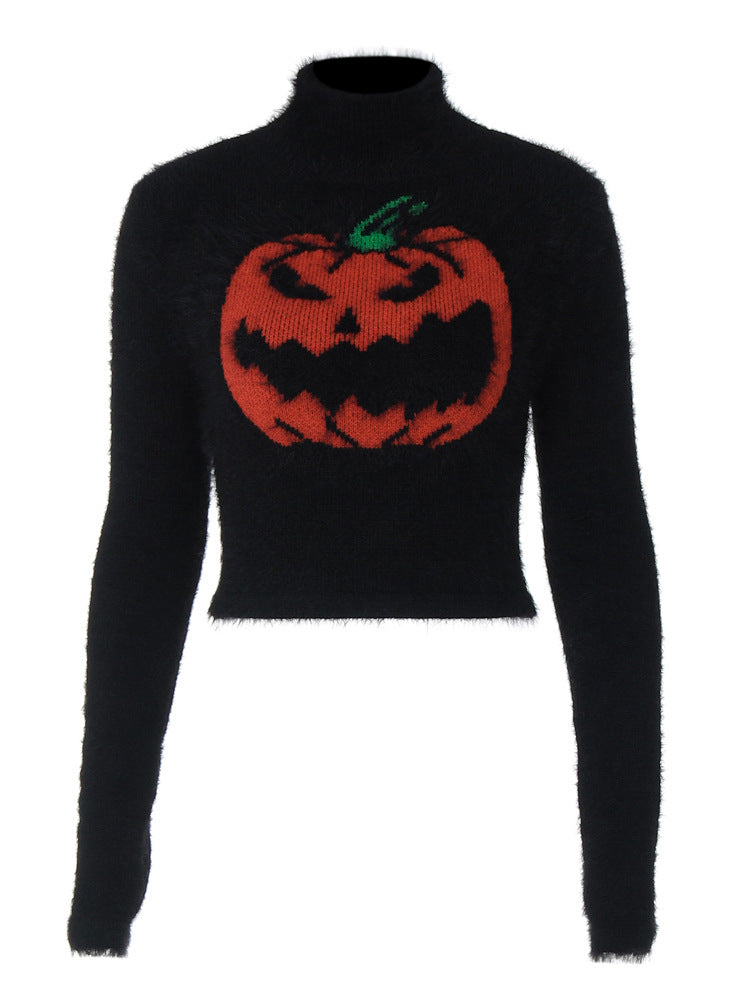 HalloweenHalloween Kurzer Plüschpullover mit Kürbismuster Kurzer Plüschpullover mit Kürbismuster