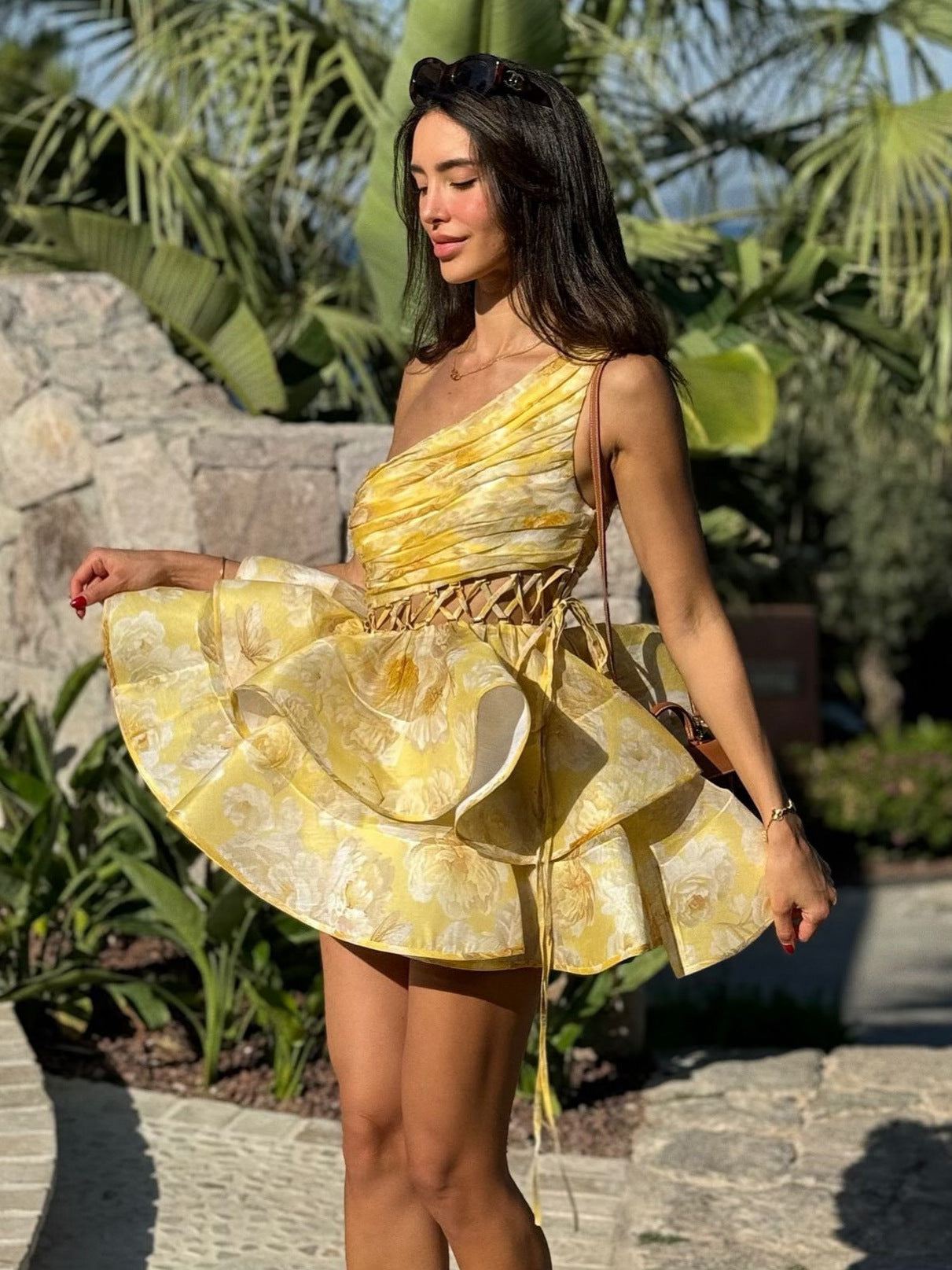 Floral One-Shoulder Pleated Hollow Lace Dress
