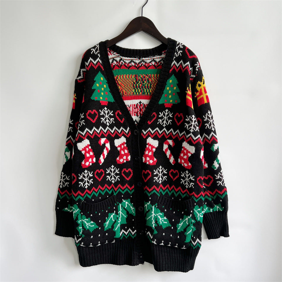 Long Sleeve Jacquard Christmas Streetwear Cardigans