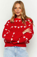 Christmas Heart Pattern Crewneck Long Sleeve Sweater