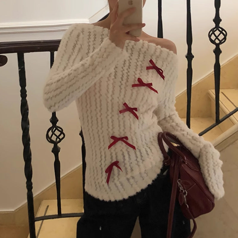 Christmas Red bow off-shoulder long-sleeved knitwear