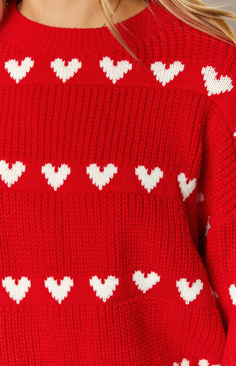 Christmas Heart Pattern Crewneck Long Sleeve Sweater