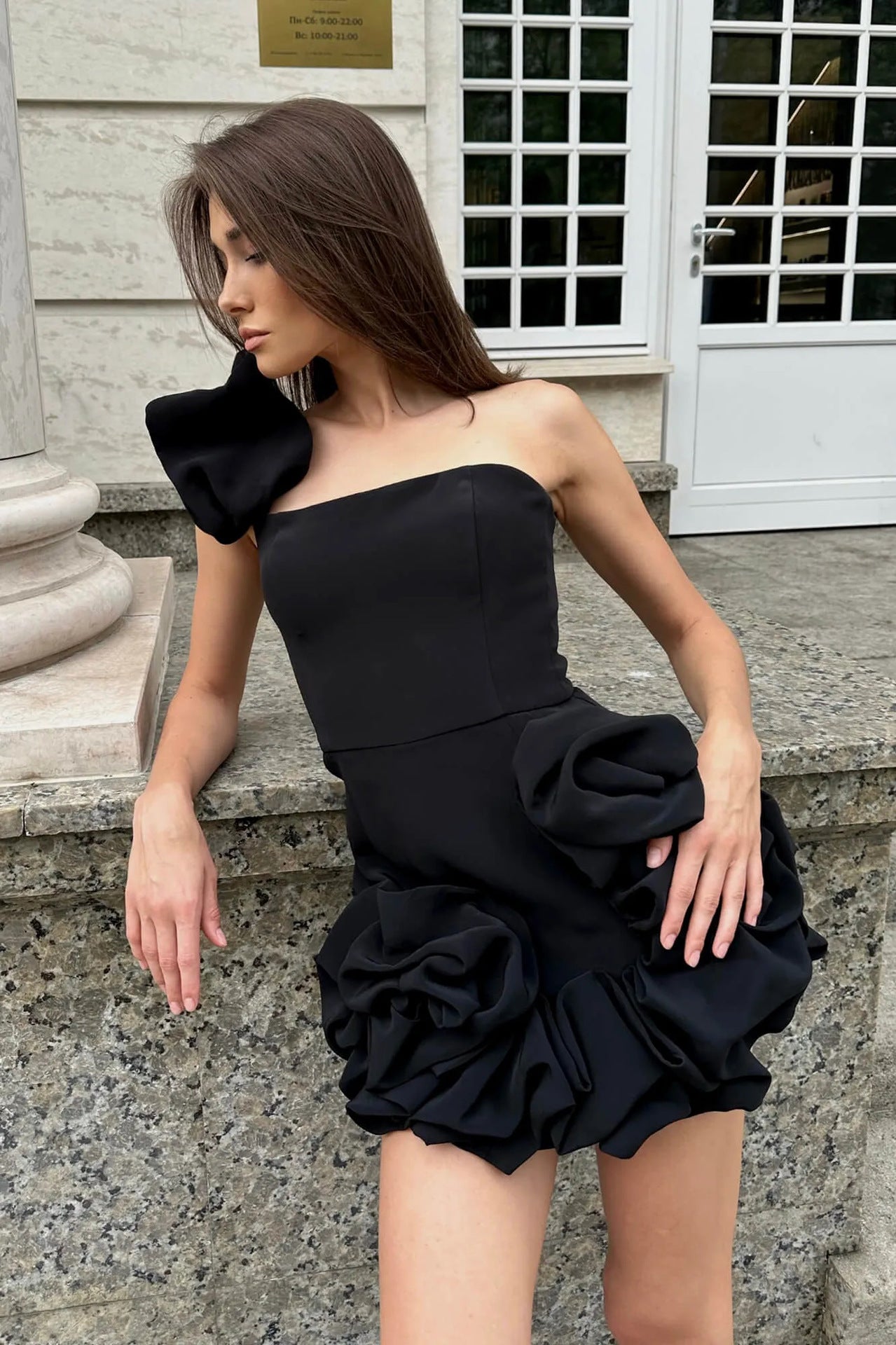 One Shoulder Ruffles Bud Dress - Black