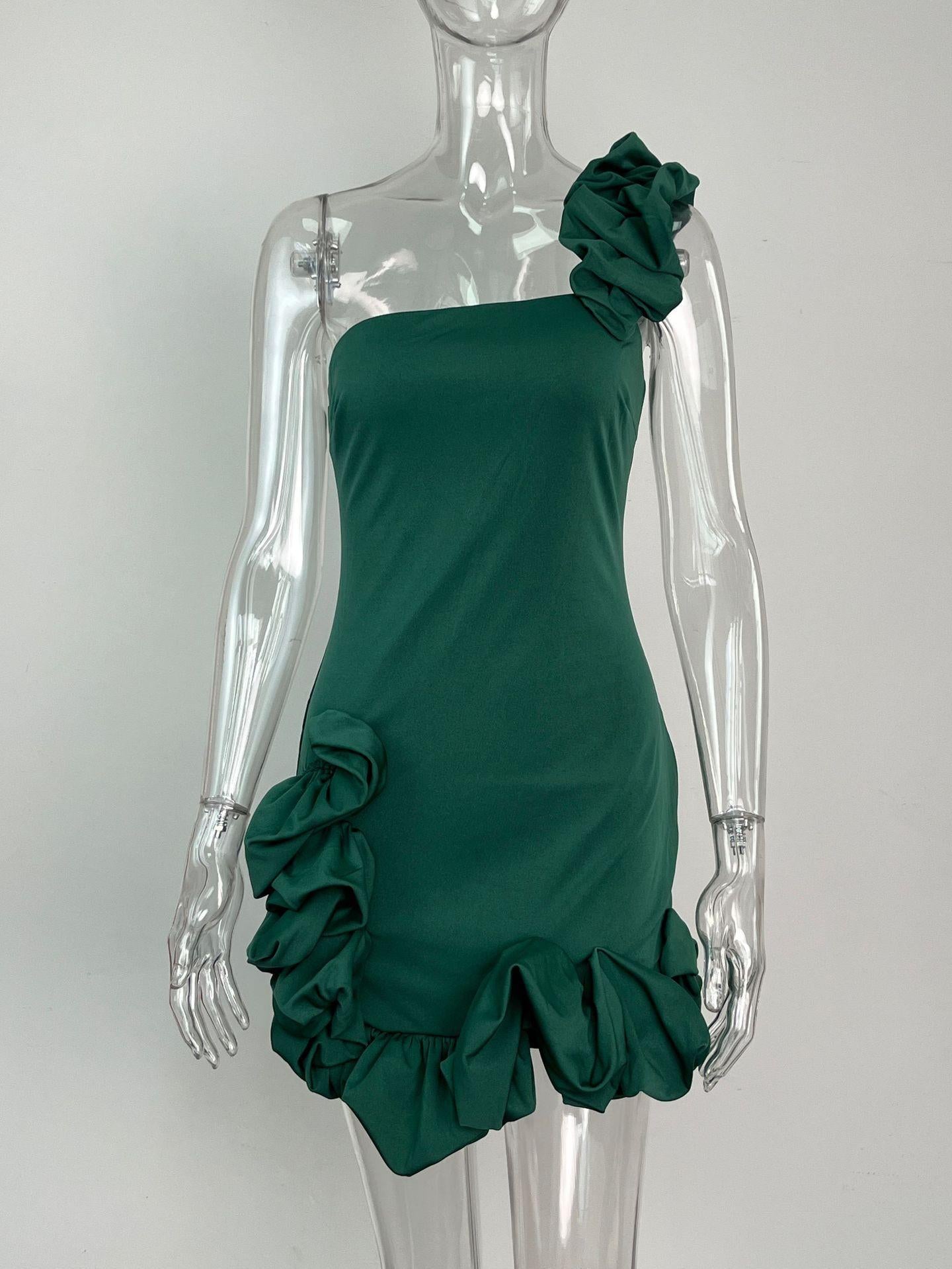 One Shoulder Ruffles Bud Dress - Green