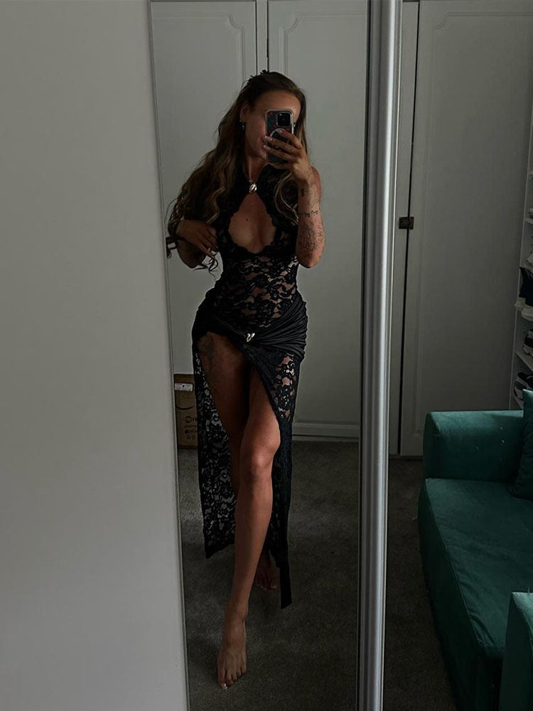 Lace Hollow High Slit Slim Sleeveless Dress