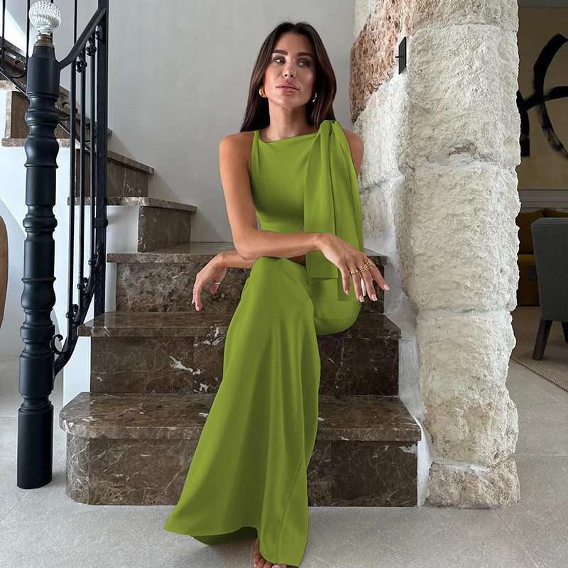 One Shoulder Ribbon Solid Color Dress