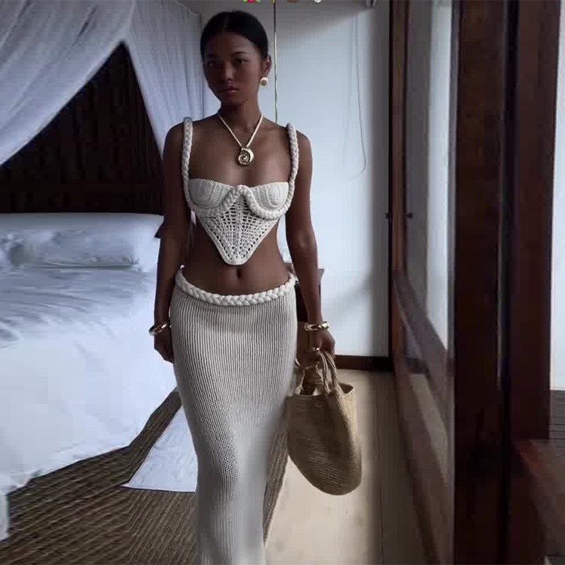 Slit Skirt Suit Hollow Two Piece Set