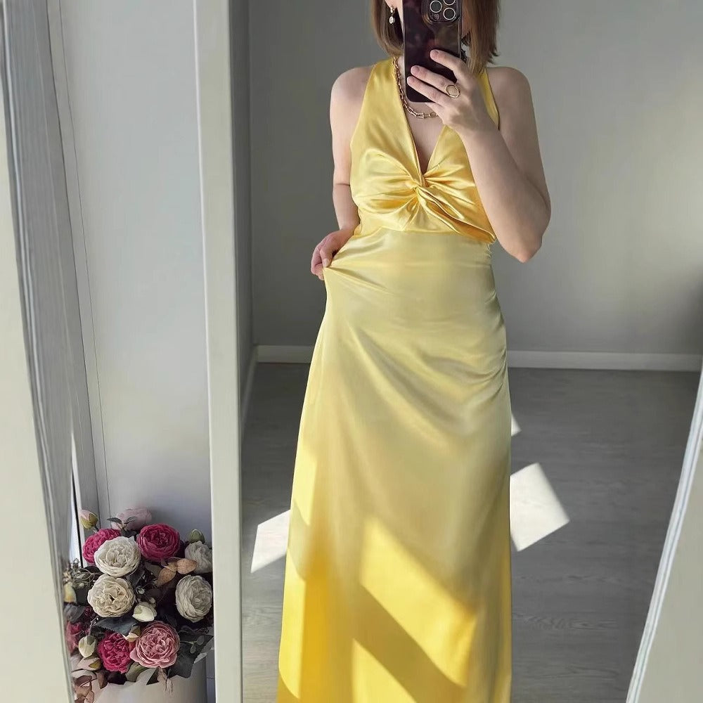V-Neck Strappy Backless Satin Dress