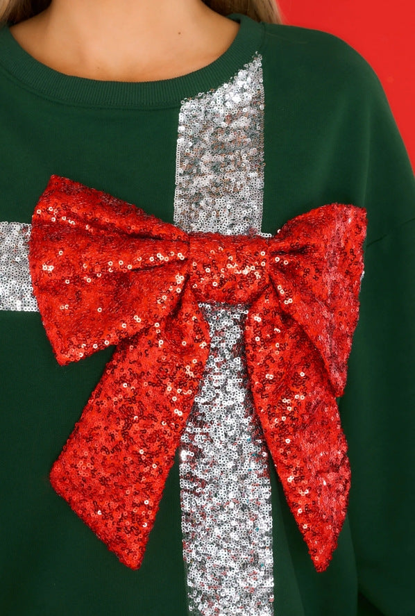 Bowknot Round Neck Long Sleeve Sequined Christmas Sweatshirt