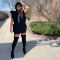 Hooded Solid Color Casual Sweatshirt Dress