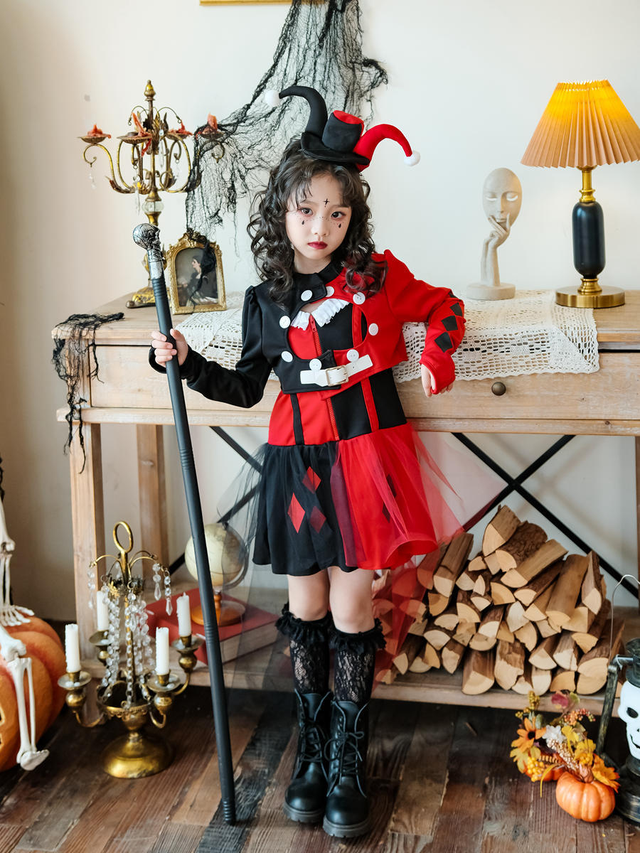 Kids Girls Clown Witch Set Coat skirt Hat socks Halloween Dance Cosplay Dresses