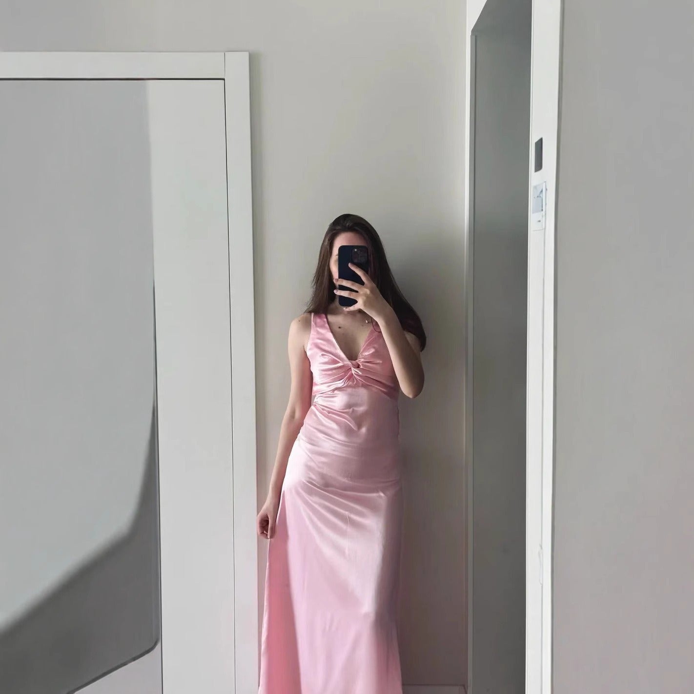 V-Neck Strappy Backless Satin Dress