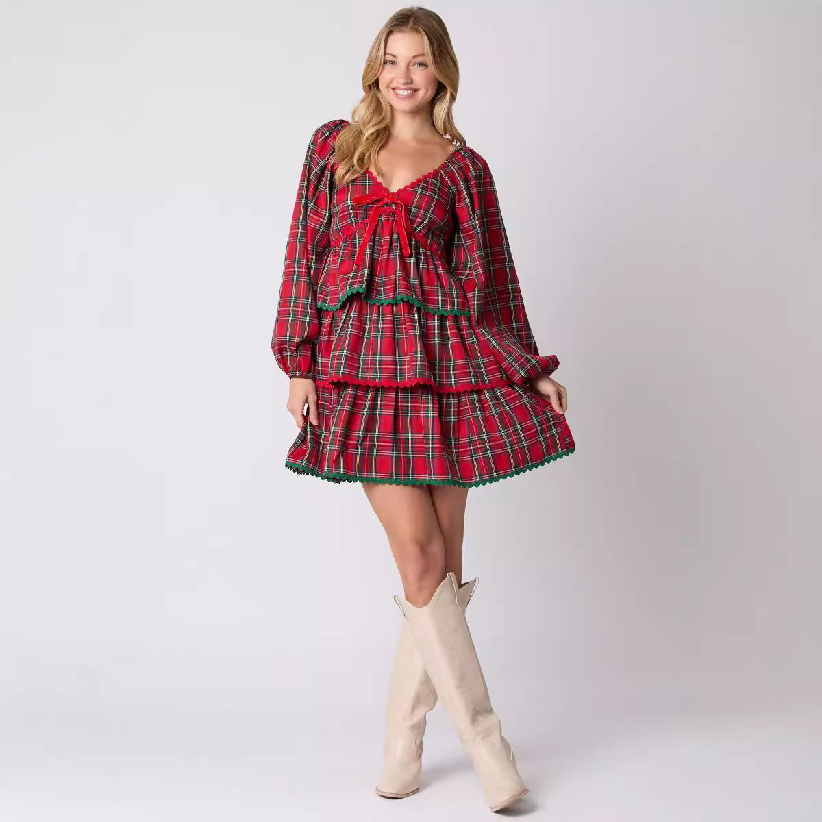 Christmas Plaid Tiered Dress